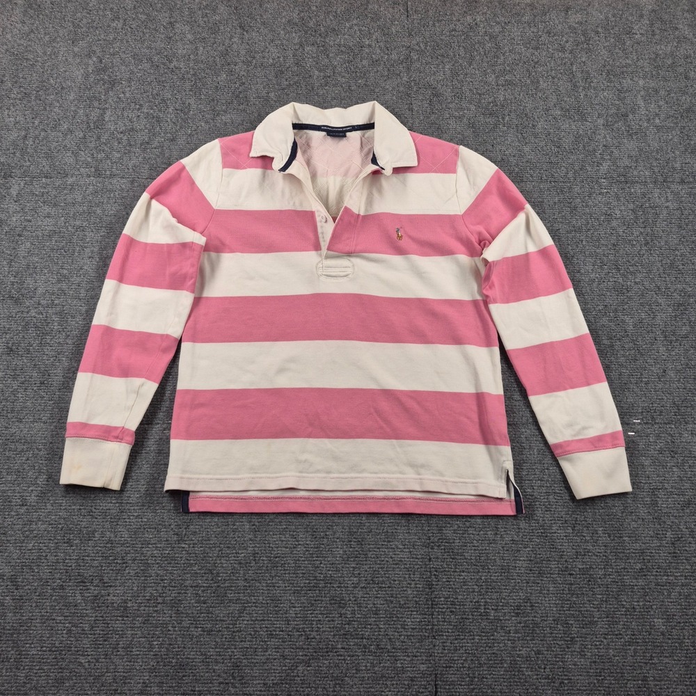 Ralph Lauren Sport Pink White Striped Rugby Shirt Long Sleeve Women Large Cotton